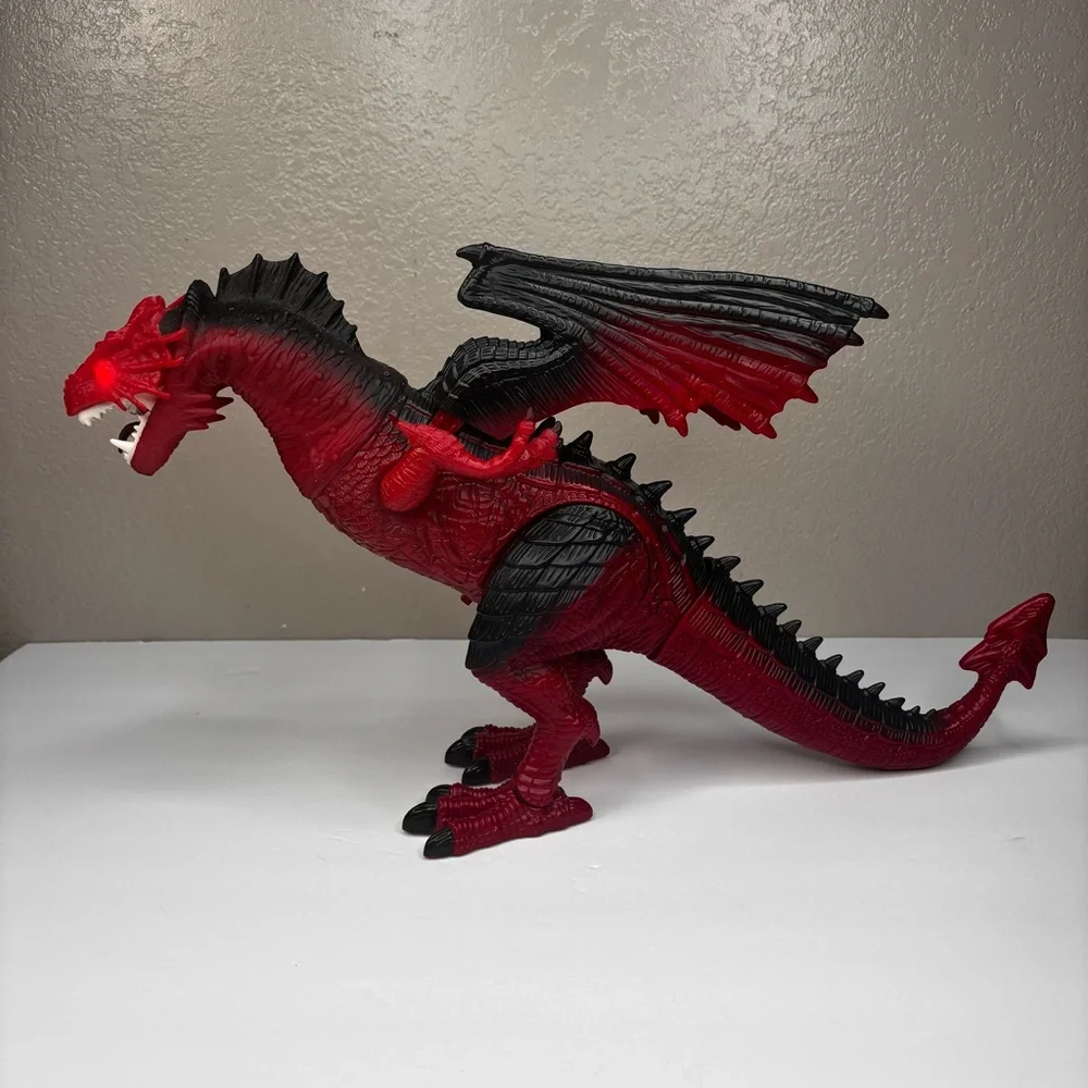 Red Black Dragon Battery Op. Toy Walks Lights Sound Head/Wings Move Tested Works